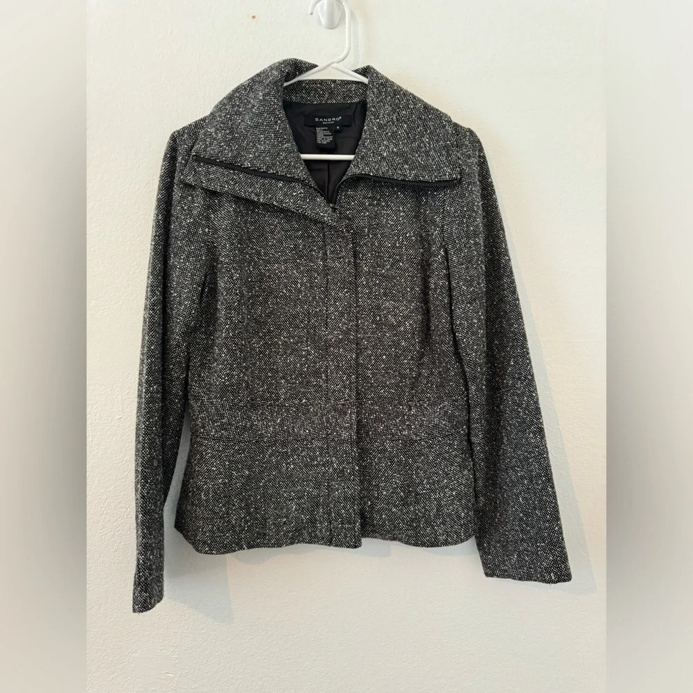 Sandro Sportswear Black White Boucle Tweed Zip Up Career Jacket Size Medium